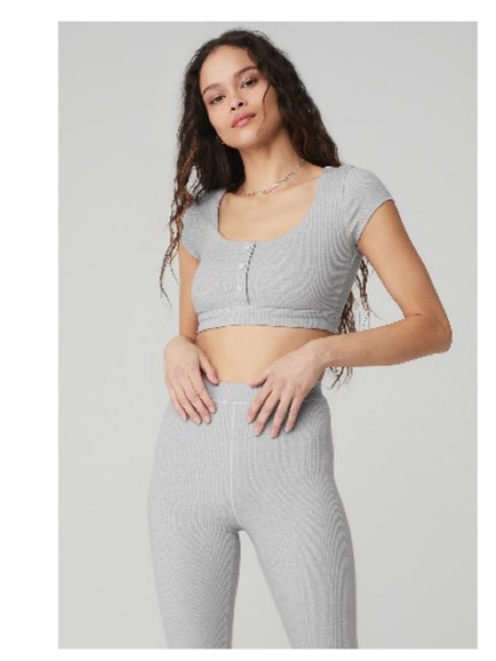 ALO Yoga Gray Ribbed Scoop Crop Top with Button Front
